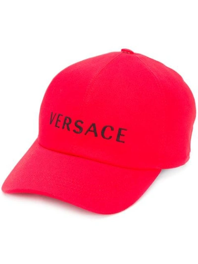 Shop Versace Embroidered Logo Baseball Cap In Red