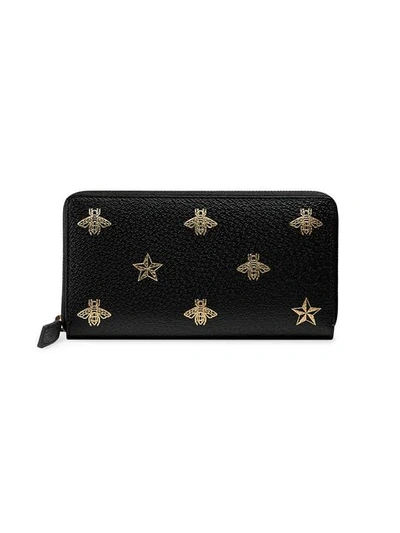 Shop Gucci Bee Star Leather Zip Around Wallet In Black