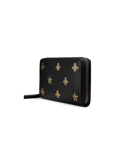 Shop Gucci Bee Star Leather Zip Around Wallet In Black