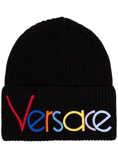 Shop Versace Black Logo Embroidered Beanie