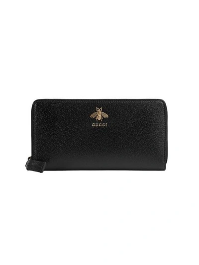 Shop Gucci Animalier Leather Zip Around Wallet In Black