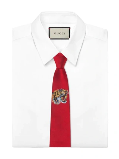 Shop Gucci Tiger Underknot Silk Tie In 6400 Red