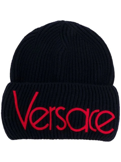 Shop Versace Front Logo Beanie In Blue