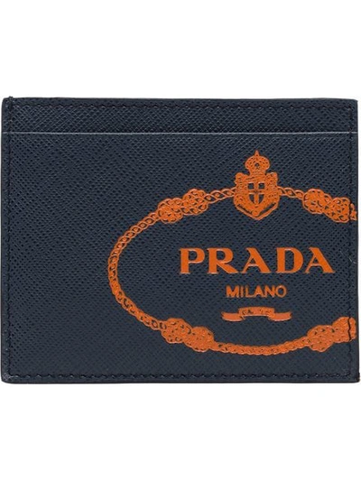 Shop Prada Saffiano Logo Cardholder In Blue
