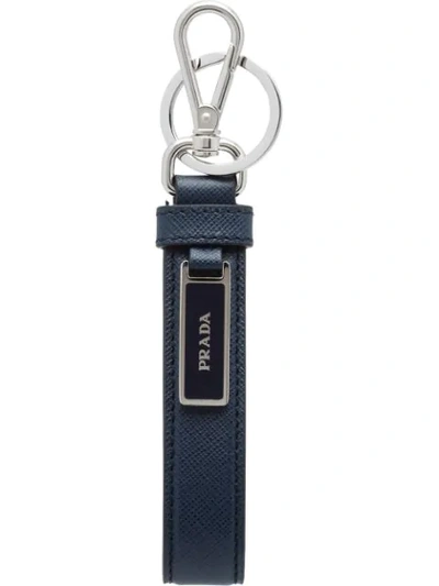 Shop Prada Saffiano Logo Plaque Keychain In Blue