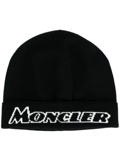 Shop Moncler Contrast Logo Beanie In Black