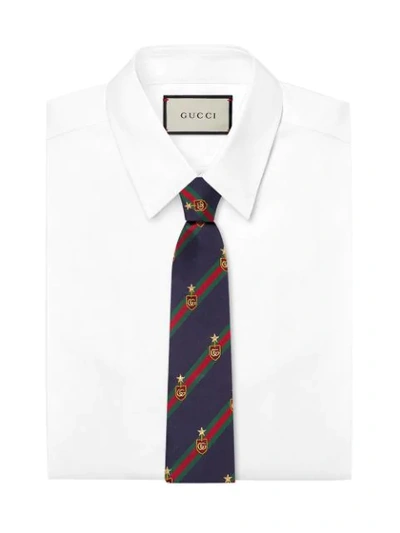 Shop Gucci Web Crest Silk Tie In Blue