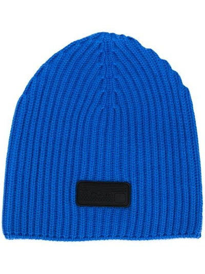 Shop Prada Logo Ribbed Beanie Hat In F0076 Celeste