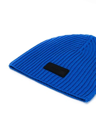 Shop Prada Logo Ribbed Beanie Hat In F0076 Celeste