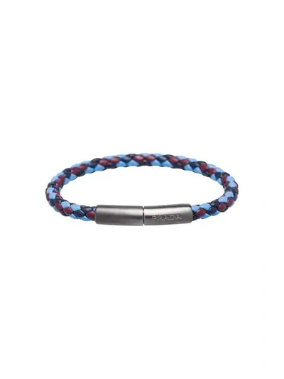 Shop Prada Braided Logo Bracelet In Blue