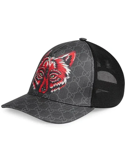 Shop Gucci Gg Supreme Baseball Hat With Wolf In Black