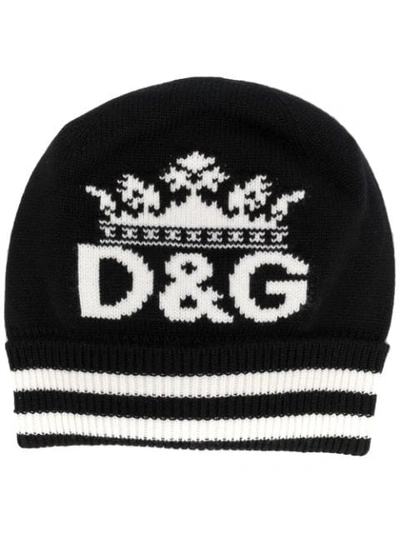 Shop Dolce & Gabbana Crown Logo Knit Striped Beanie In Black