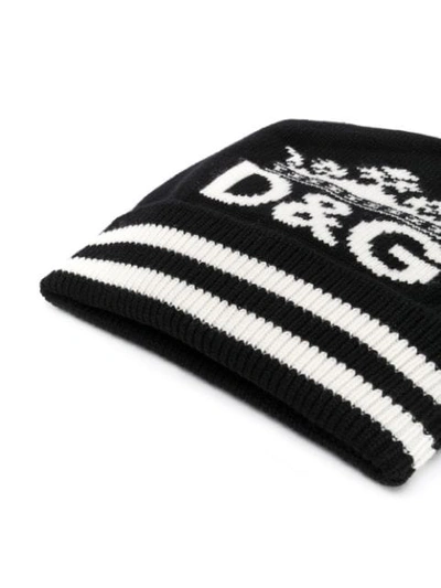 Shop Dolce & Gabbana Crown Logo Knit Striped Beanie In Black