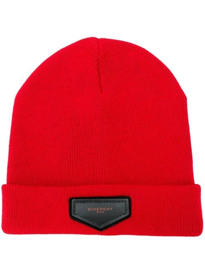 Shop Givenchy Logo Plaque Beanie In Red