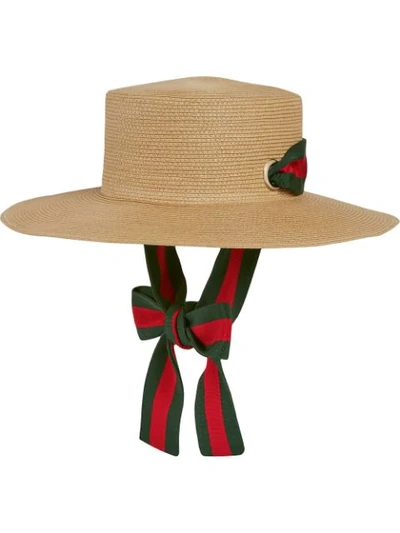 Shop Gucci Web-ribbon Straw Boater Hat In Brown