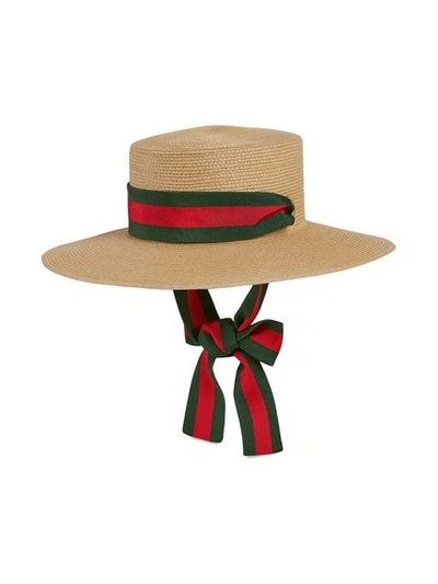 Shop Gucci Web-ribbon Straw Boater Hat In Brown