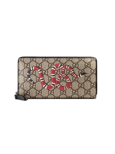 Shop Gucci Snake Print Gg Supreme Zip Around Wallet In Neutrals