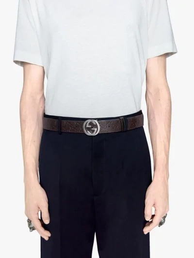 Shop Gucci Reversible  Signature Belt In Brown
