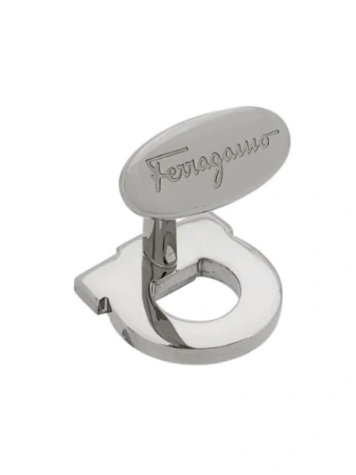 Shop Ferragamo Striped Gancio Cufflinks In Silver