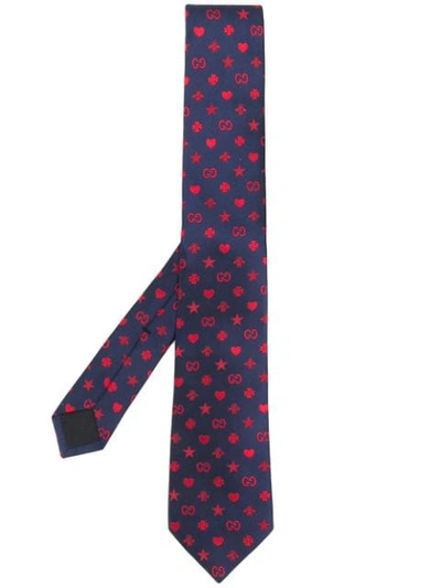 Shop Gucci Emblem Printed Tie In Blue