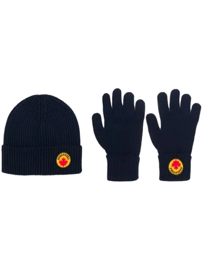 Shop Dsquared2 Ribbed Beanie & Glove Set In Blue
