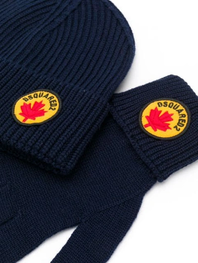 Shop Dsquared2 Ribbed Beanie & Glove Set In Blue