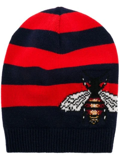 Shop Gucci Bee Striped Beanie Hat - Blue