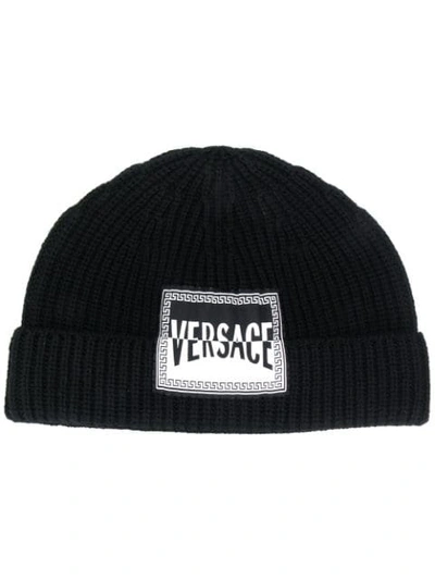 Shop Versace Distorted 90s Vintage Logo Beanie In Black