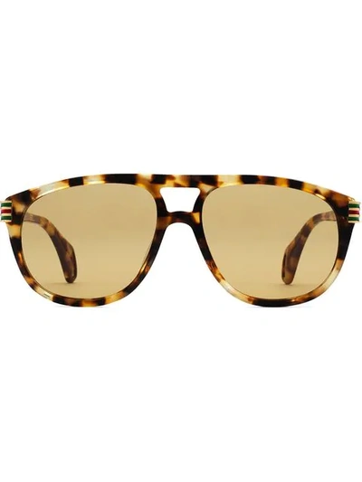 Shop Gucci Aviator Web Detail Sunglasses In Brown