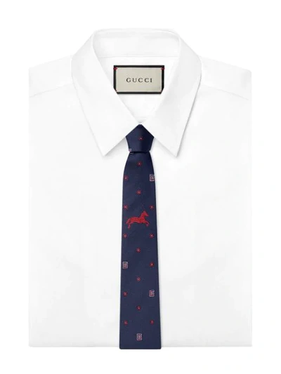 Shop Gucci Tie With Flower And G Detail In Blue