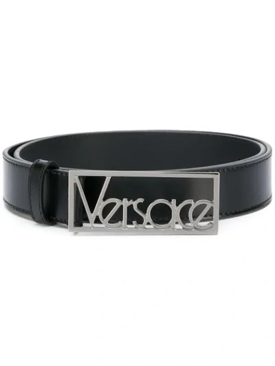 Versace Black Logo Buckle Leather Belt In Black