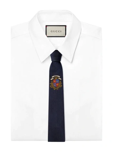 Shop Gucci Silk Tie With  Badge In Blue