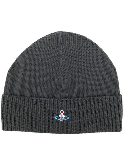Shop Vivienne Westwood Logo Embroidered Ribbed Beanie In Grey