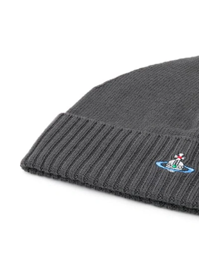 Shop Vivienne Westwood Logo Embroidered Ribbed Beanie In Grey