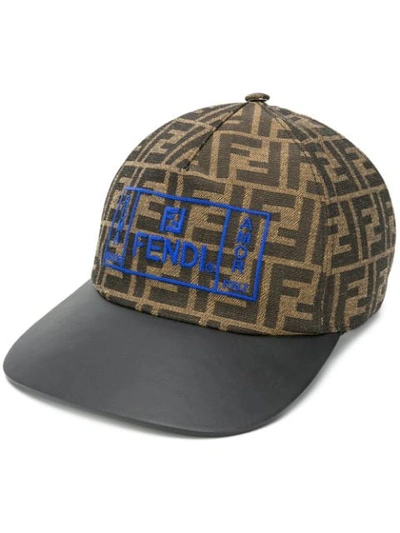 Shop Fendi Ff Logo Leather Visor Baseball Hat In Brown