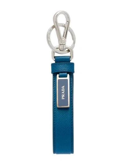Shop Prada Saffiano Keychain In Blue