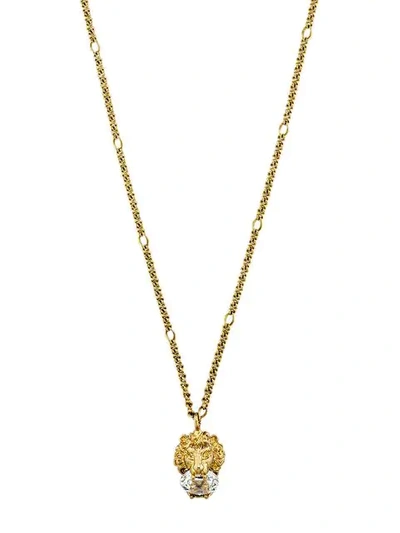 Shop Gucci Crystal Lion Head Necklace In Gold