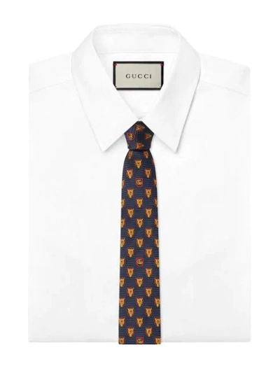 Shop Gucci Wolf Motif Silk Tie In Blue