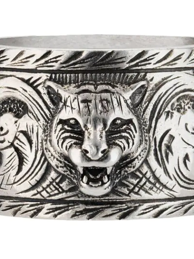 Shop Gucci Wide Silver Ring With Feline Head