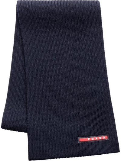 Shop Prada Logo Embellished Ribbed Scarf - Blue