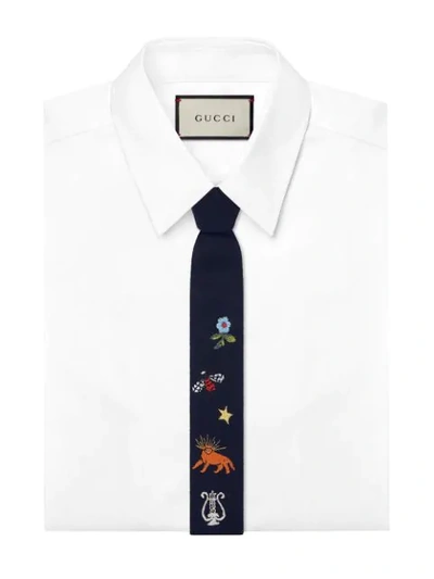 Shop Gucci Wool Tie With Embroidery In Blue