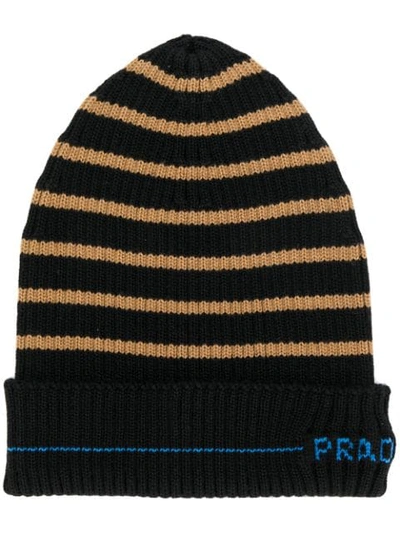 Shop Prada Striped Knit Beanie Hat In Black