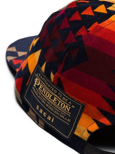 Shop Sacai Navy Blue Pendleton Geometric Print Flat Peak Cap