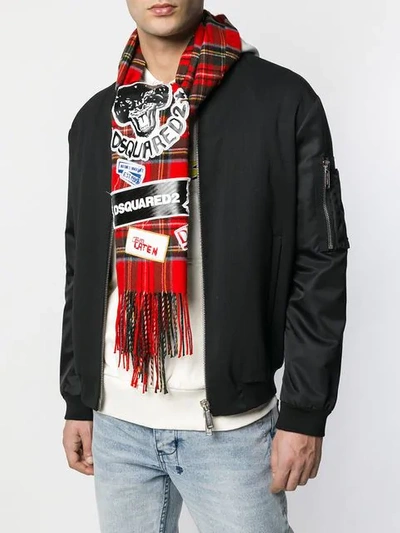 Shop Dsquared2 Logo Patch Tartan Scarf In Red