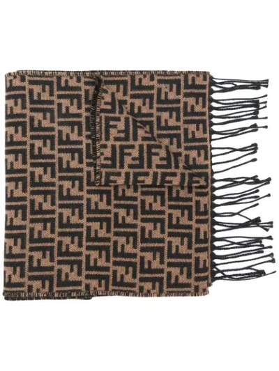 Shop Fendi Ff Logo Knit Scarf In Brown