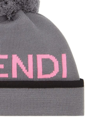 Shop Fendi Logo Knit Beanie Hat In Grey