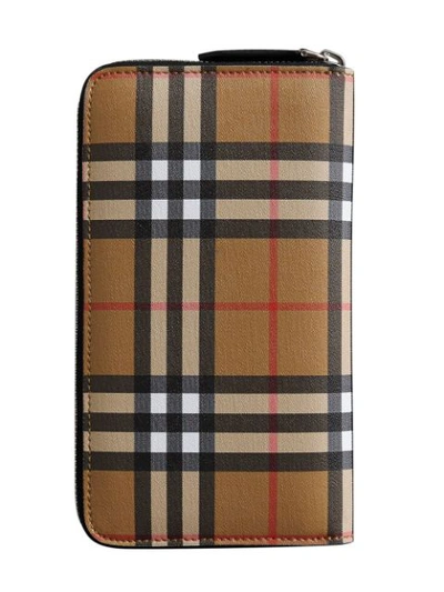 Shop Burberry Vintage Check And Leather Ziparound Wallet In Neutrals