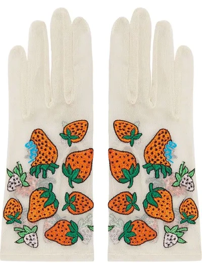 Shop Gucci Strawberry Motif Gloves In White