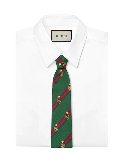 Shop Gucci Web Crest Silk Tie In 3168 Green