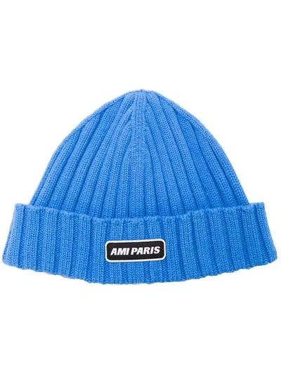 Shop Ami Alexandre Mattiussi Ribbed Beanie With Ami Paris Patch In Blue